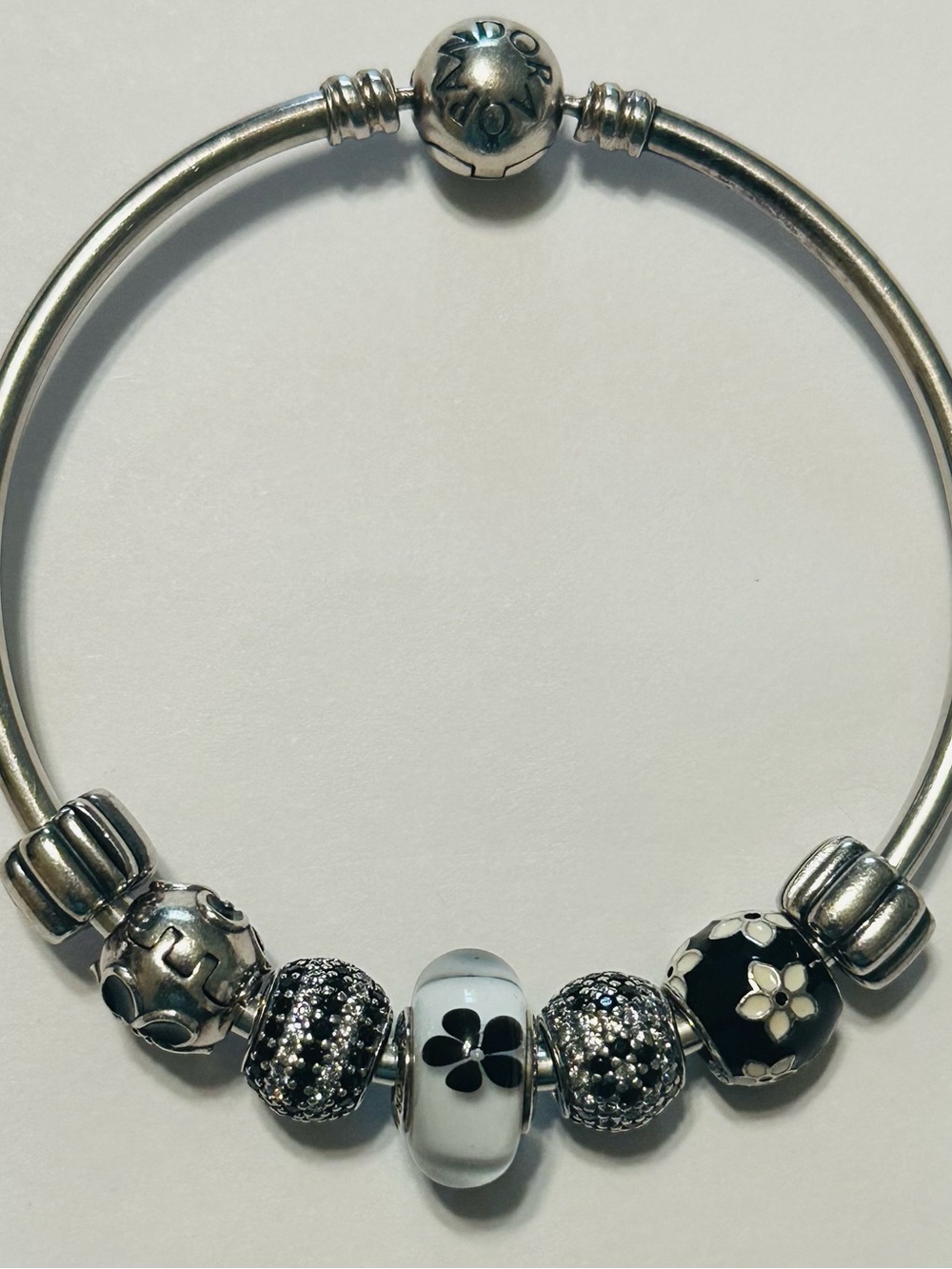 Pandora Silver Bracelet with Black & Silver Floral Charms